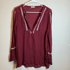 Entro Womens Small Burgundy‎ Long Sleeve Embroidered Peasant Blouse Top